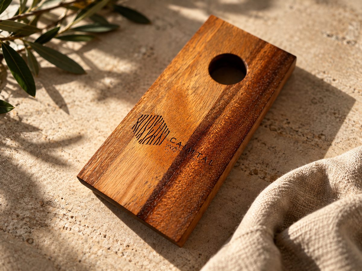 Oiled padouk board engraved with the Caimtal Wood logo