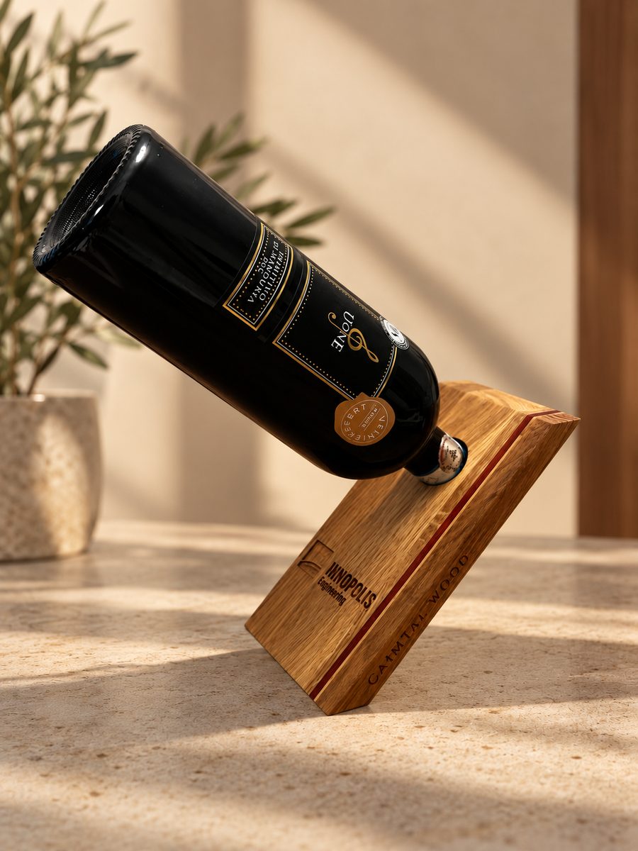 Oak wine bottle holder with a padouk stripe, balancing a bottle of red wine